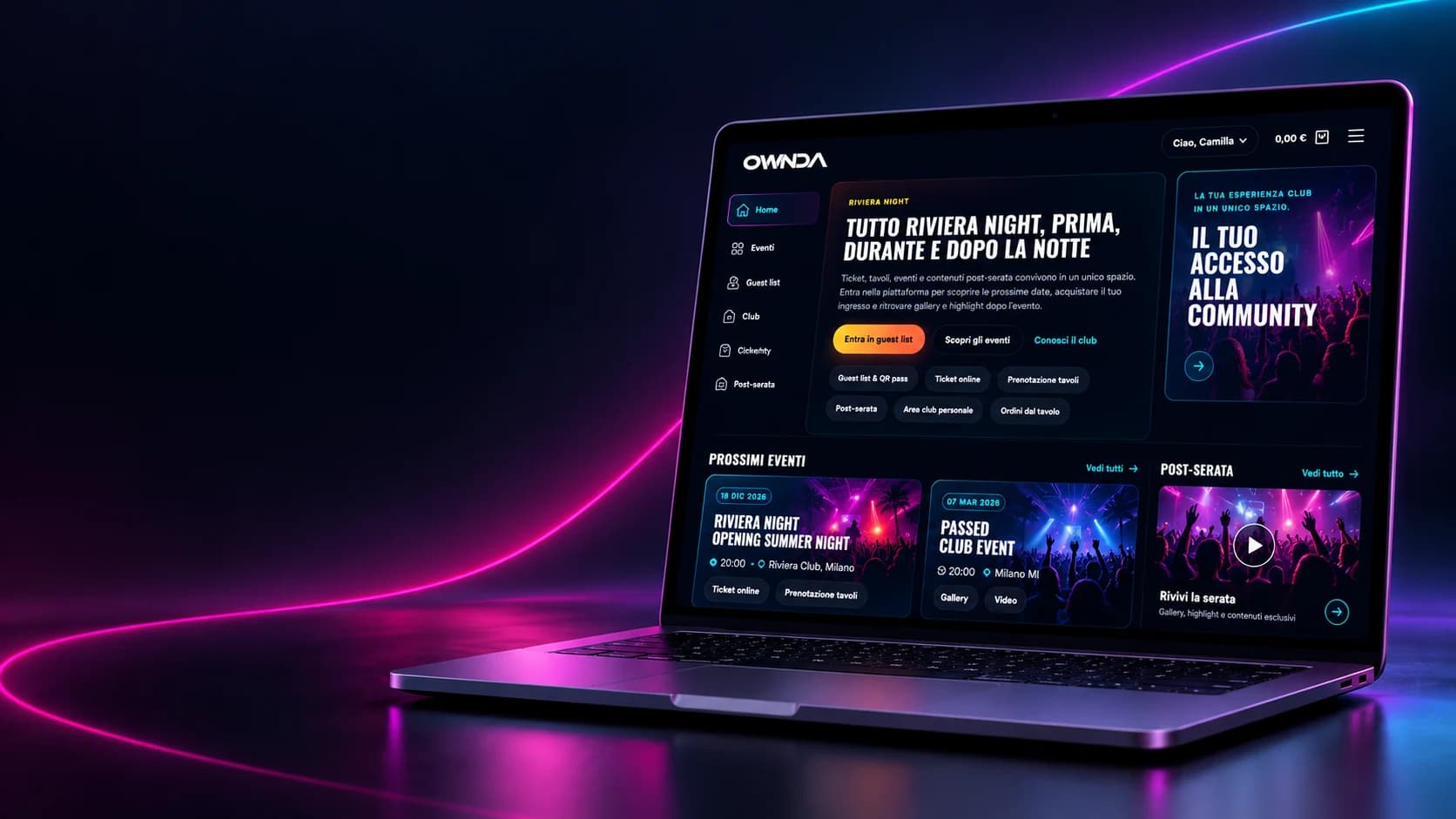 Anteprima del portale OWNDA for Nightlife con eventi, guest list e prenotazioni tavoli